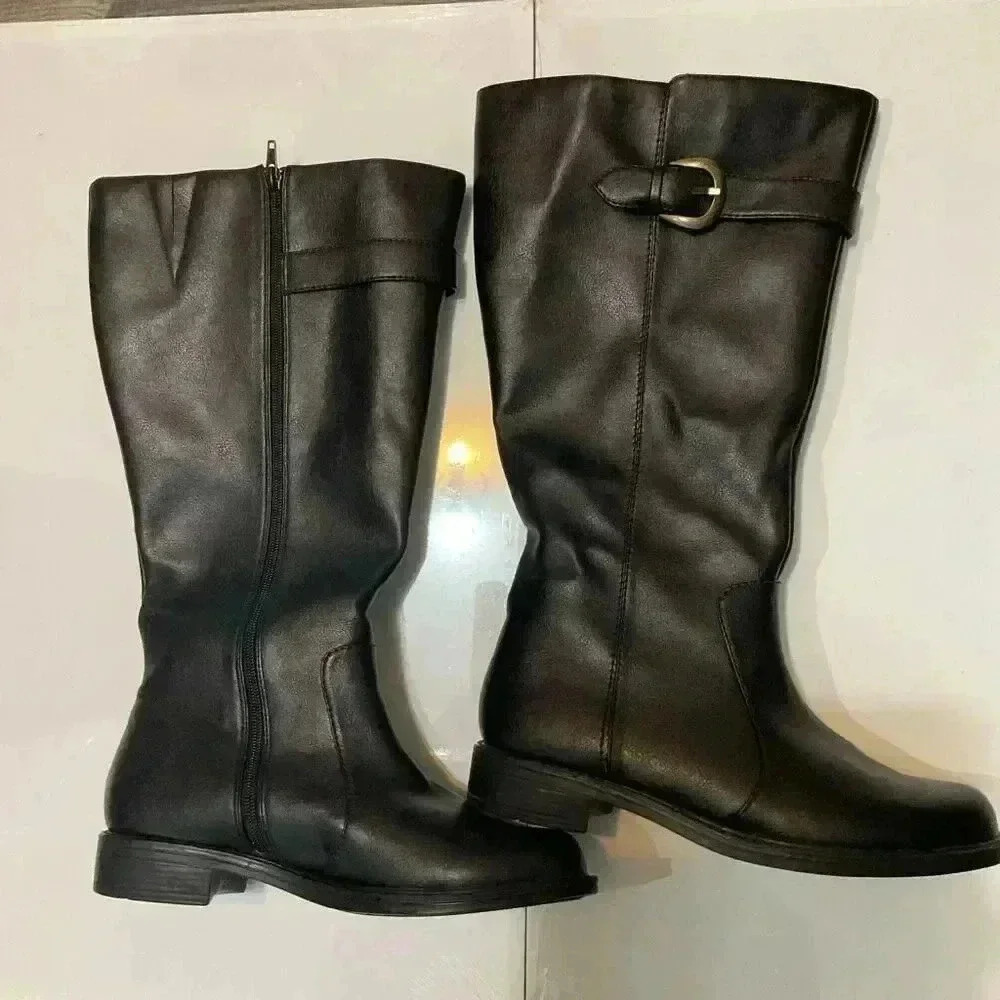 David Tate women’s stallion black polyurethane, tall boot buckle side zip healed